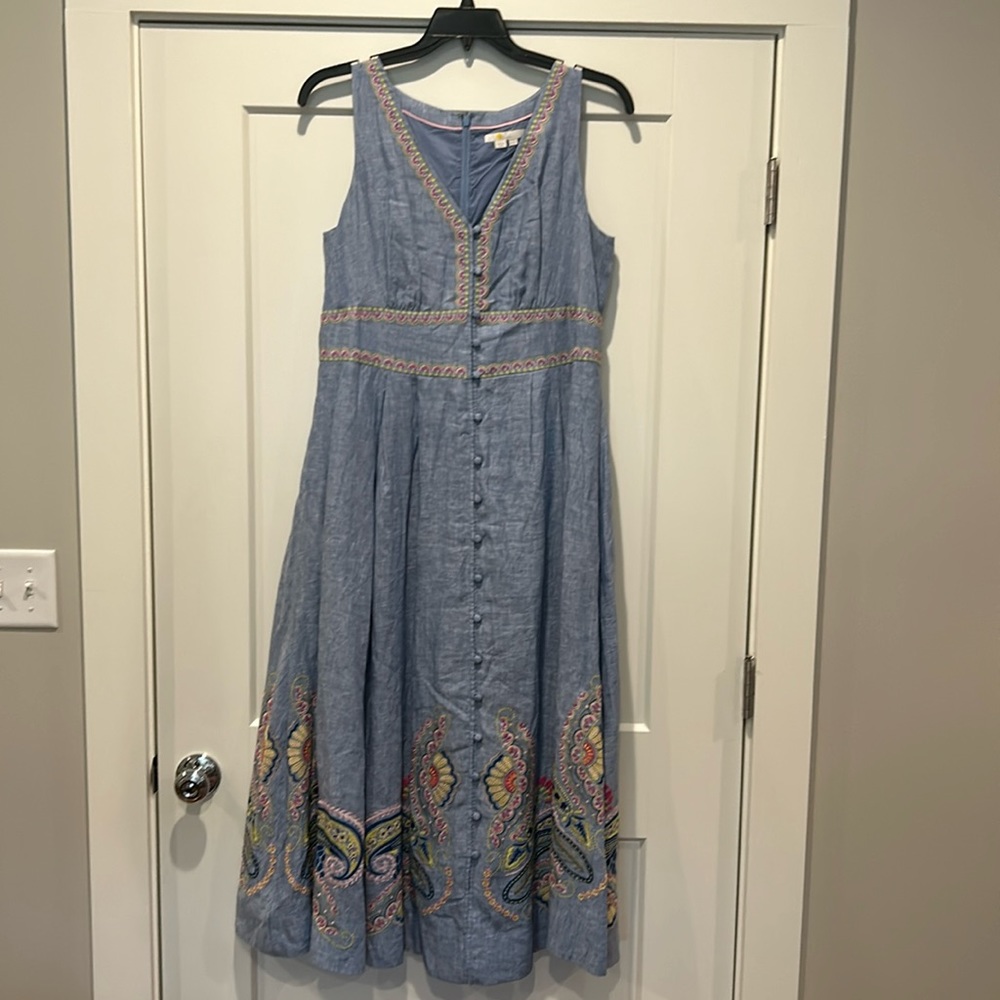 Blue linen Boden sun dress with button details and embroidery.